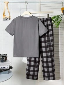 SHEIN 2 pièces/Set Pyjama pour garçons adolescents, T-shirt à manches courtes de couleur unie décontracté et pantalon imprimé à carreaux - Multicolore - Voir 3