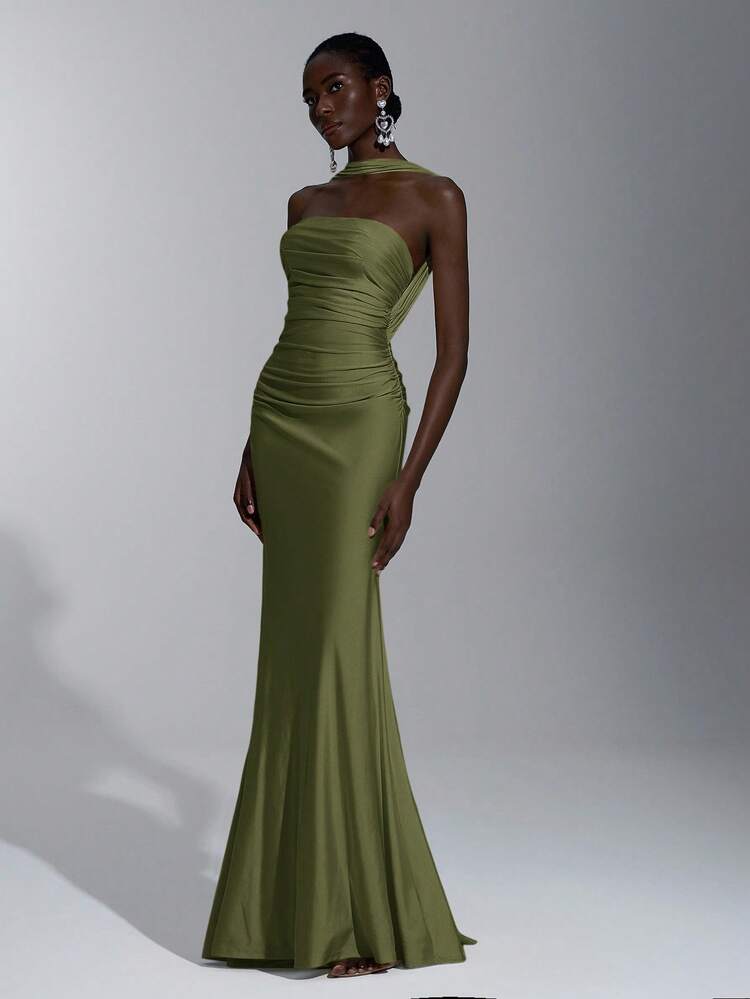 Elitara Elegant, Romantic, Sexy, Minimalist Design Bodycon Dress With Elastic Knit, Spaghetti Straps, Open Back, Fitted Waist. Fashion, Influencer Style, Suitable For Holidays, Parties, Weddings, Bridesmaids Green - Army Green - View 1