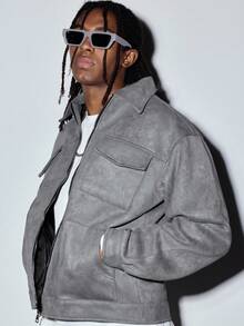 MODCRASH Men Flap Pocket Zip Up Suedette Jacket - Light Grey - View 5