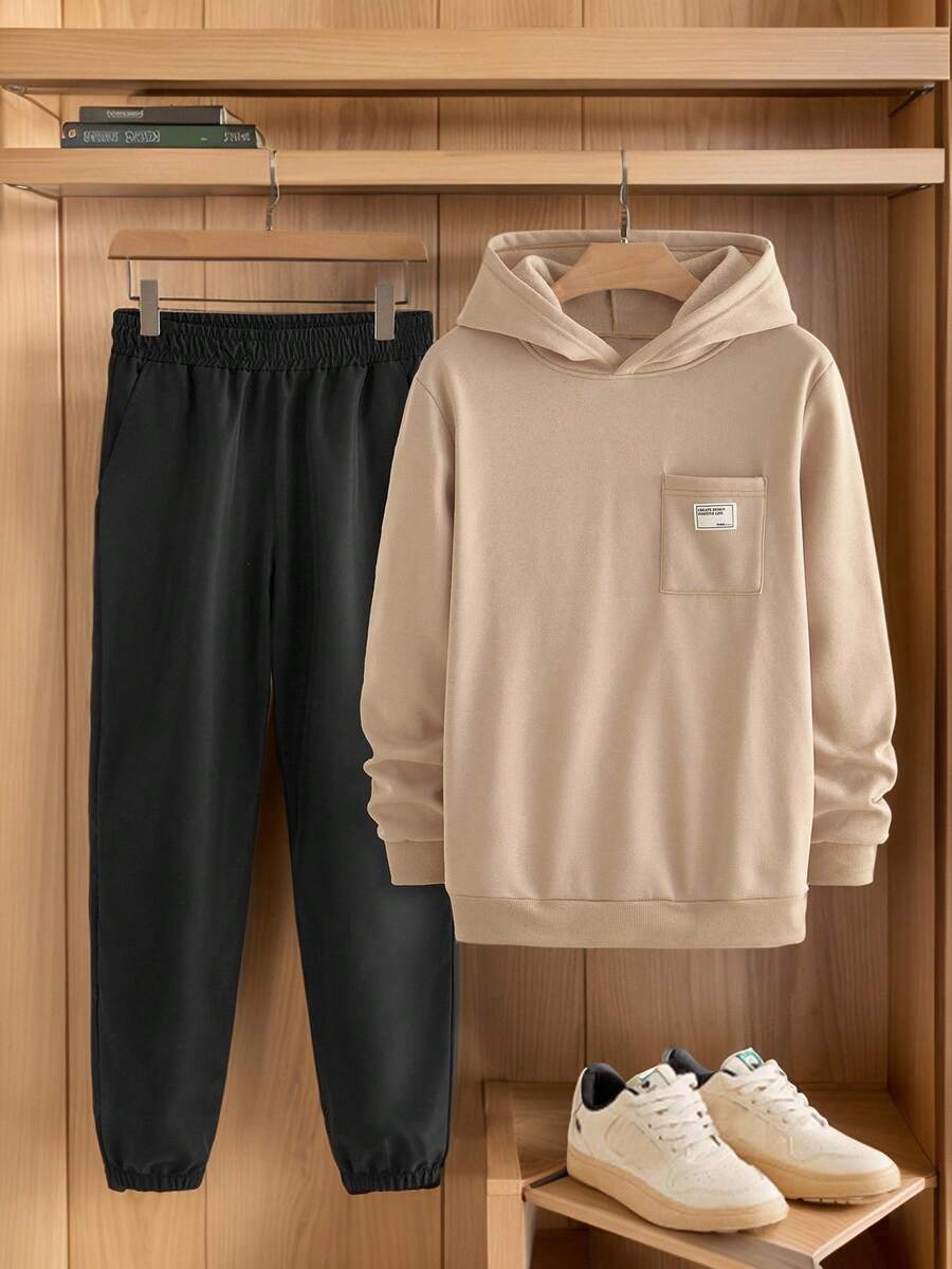 Manfinity NXTstreet 2 件套男士休闲针织长袖修身连帽衫运动衫和抽绳腰裤套装，秋季服装，冬季 - 彩色 - 查看 1