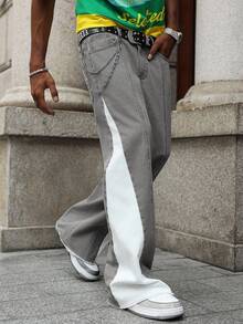 PAVTROS 撞色拼接宽松高腰阔腿牛仔裤，修身显瘦，适合所有季节 - 灰色 - 查看 4