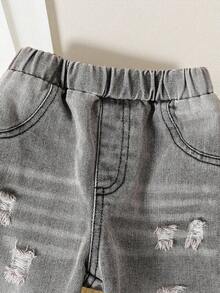 SHEIN 2 件套男婴/女婴红色格子领长袖上衣和牛仔裤套装，百搭休闲装，适合秋冬季