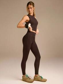 GLOWMODE 26" FeatherFit™-Warm CozyCore Soft Warm Stretchy High-Rise Waist Front Seam Zipper Side Pockets Leggings Low-Impact Yoga Pilates Studio Daily Casual Fall Winter - Chocolate Brown - View 7