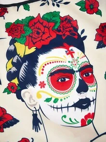 Frida Kahlo X SHEIN 1 túi mua sắm gấp gọn với hình vẽ hoạt hình dễ thương, túi tote có túi nhỏ kèm dây đeo, thích hợp cho các dịp: thiết kế hoa, Halloween, Ngày Lễ Người Chết, Ngày Lễ Người Chết, bộ xương và hoa, bộ xương, cúc vạn thọ, đầu lâu đường, nến - Nhiều màu - Xem 5