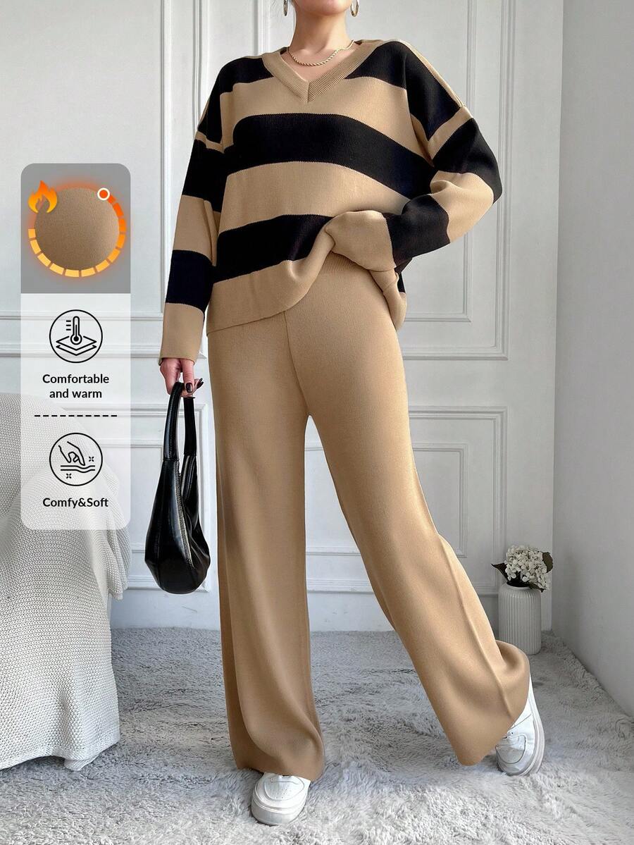 EURMUSE Women's Striped Drop Shoulder Long Sleeve Sweater And Pants Two-Piece Set - Camel - View 1