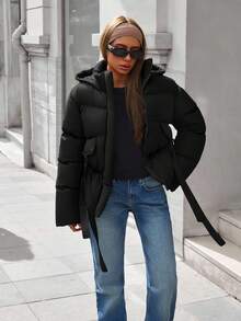 EURMUSE Casual Style, Premium Quality Utulity Pocket With Sting Detailed Puffer Winter Coat - Black - View 4