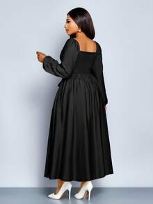 SOLERSUN Women's Plus Size Frenchy Solid Color Square Neck Long Sleeve Front Ruched Ruffle Hem A-Line Casual Elegant Dress , Spring/Summer New Women's Dresses