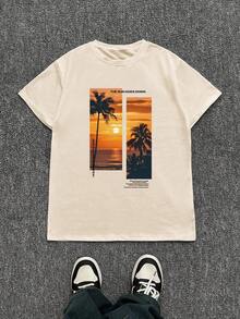 Manfinity Dauomo 男士標語和熱帶印花T恤 - 卡其色 - 查看 3