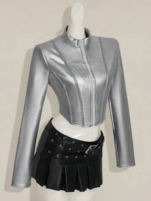 SHEIN ICON 女式银色休闲短款拉链修身 PU 皮夹克，秋季 - 銀色 - 查看 8