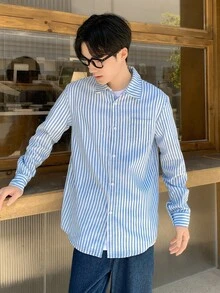 Mirajuku 青少年男孩翻领纽扣长袖条纹口袋衬衫