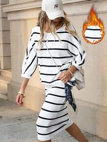 Solivie Women's Striped Round Neck 3/4 Sleeve T-Shirt And Mini Skirt Casual 2 Pieces Set In Fall/Winter