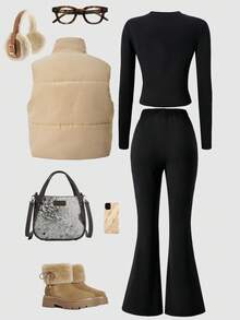 Sparklyn Girls Casual Versatile Vest T-Shirt And Pants Set, Pants With V-Shaped Waistline Design, Vest With Simple Classic Design, Suitable For Autumn/Winter Outings, Walking, Shopping, School, Commuting, And Travel - Khaki - View 2