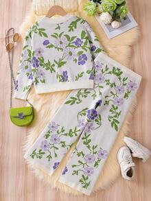 Sparklyn Tween 女童紫色花朵针织开衫和裤子套装优雅百搭时尚秋冬复古花卉提花长袖毛衣两件套 - 彩色 - 查看 2