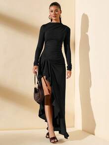 SHEIN BAE 厚珍珠天鹅绒纯棕色/咖啡色紧身褶饰长袖性感优雅连衣裙，适合鸡尾酒会、浪漫约会、秋冬汗衫裙、派对、正式聚会、夜间外出连衣裙、婚礼宾客连衣裙、万圣节连衣裙、圣诞节连衣裙 - 黑色 - 查看 5