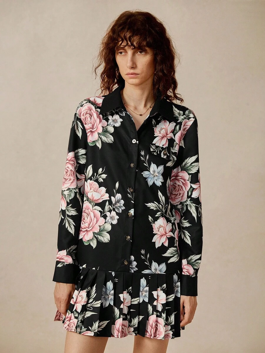 Florisole Vestido con botones y dobladillo plisado con estampado floral vintage, estilo campestre, adecuado para maestras, manga larga, otoño - Negro - Ver 1