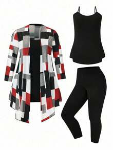 EMERY ROSE Conjunto de 4 piezas: Camiseta de tirantes de unicolor talla grande, pantalones, chaqueta con estampado geométrico - Multicolor - Ver 1