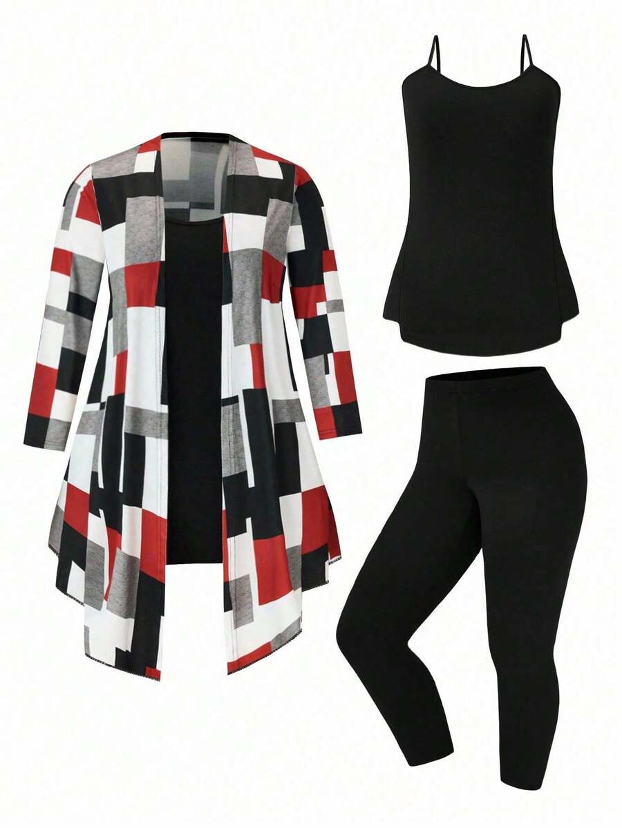 EMERY ROSE Conjunto de 4 piezas: Camiseta de tirantes de unicolor talla grande, pantalones, chaqueta con estampado geométrico - Multicolor - Ver 1