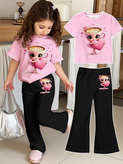 SHEIN Taza de café con niña bailarina de color rosa crema, Cappuccina bailarina, conjunto de 2 piezas con top de manga corta de cuello redondo y pantalones acampanados con estampado de dibujos animados casual para niñas, adecuado para verano, temporada cálida, vibraciones navideñas, otoño e invierno, fácil comodidad, capas de otoño e invierno para niñas, ropa gráfica casual para niños, ropa de otoño e invierno, elegante otoño, nuevo estilo de otoño