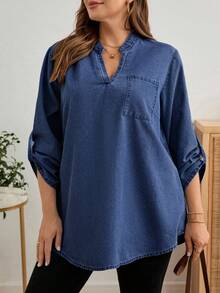 EMERY ROSE Plus Size Women V-Neck Rolled Sleeve Casual Pocket Denim Blouse Blue Shirt Women Oversized Oversized Shirts For Women Musera Plus Size Blue Denim Shirt Women Autumn Plus Size Plus Size Denim Shirt
