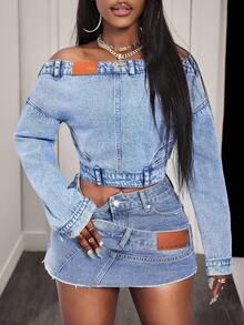 BamGleam Fashionable Casual Shoulder Denim Top For Women - Blue - View 4