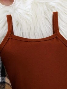 SHEIN Elladie kids 2件組少女復古90年代格紋襯衫外套休閒極簡吊帶連身褲，棕色波點秋季公主風7歲生日開學穿搭 - 卡其色 - 查看 6