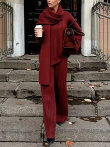 Firerie Women's Round Neck Flare Sleeve Top, Wide Leg Pants And Scarf 3 Pieces Set, Women's Minimalist Sweater Set, Red Sweater Set, Spring/Autumn/Winter Clothing, Commuting, Elegant, Casual Daily, Work Attire