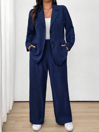 EMERY ROSE Plus Size Solid Color Jacket And Pants Suit