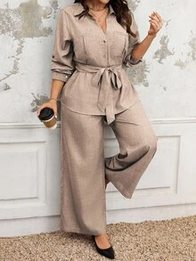 Linhara 女士优雅休闲通勤度假纯色实用衬衫领 V 领口袋金属纽扣装饰收腰系带 A 字长袖衬衫 + 松紧腰宽松直筒裤，春/秋/冬 - 摩卡棕 - 查看 1
