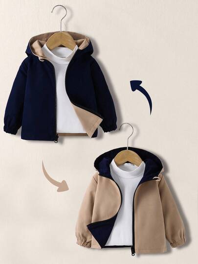 Baby Boy Casual Sports Style Contrast Color All-Match Reversible Hooded Long Sleeve Coat, Suitable For Everyday Outings, Gatherings, Sports, Autumn/Winter Fall