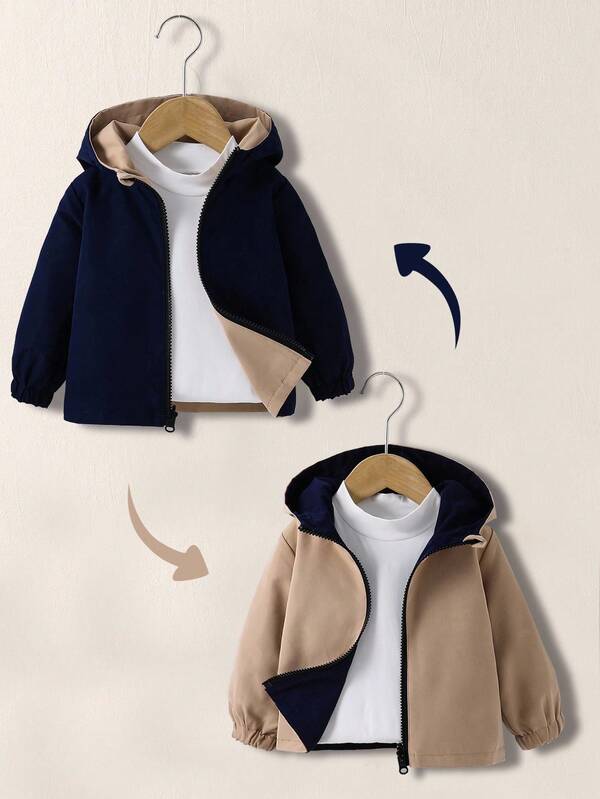 Baby Boy Casual Sports Style Contrast Color All-Match Reversible Hooded Long Sleeve Coat, Suitable For Everyday Outings, Gatherings, Sports, Autumn/Winter Fall