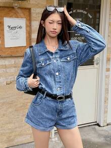 Rivivi Women's Casual Washed Denim Romper - Blue - View 1