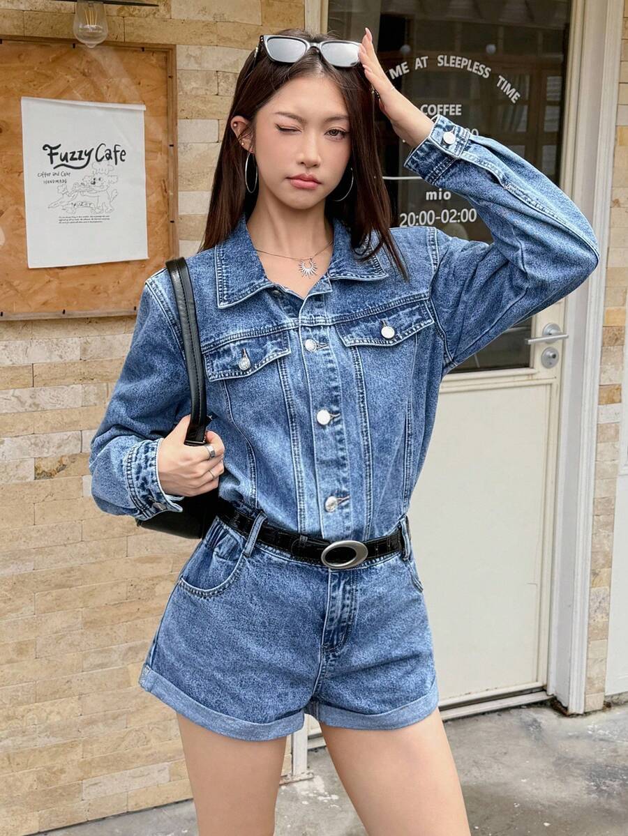 Rivivi Women's Casual Washed Denim Romper - Blue - View 1