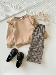 Cozy Pixies 2 件套女婴纯色荷叶边领长袖套头衫和格子松紧腰喇叭裤套装，秋冬 - 彩色 - 查看 4