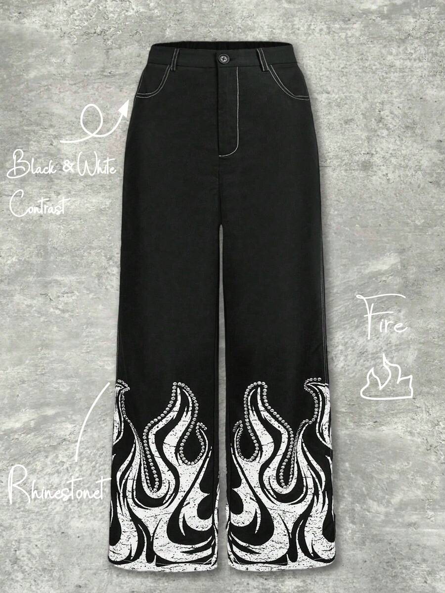 Y2Kool Studio Chunk 黑色、水钻、火焰、街头风、性感、Y2K、暗黑系、休闲宽松女裤，适合夏季、秋季、派对、聚会、度假、日常穿着。哥特风裤子、Emo风裤子、火焰裤、阔腿裤、喇叭裤，搭配灵感派对裤，时尚服装系列，新年穿搭。 - 黑色 - 查看 1