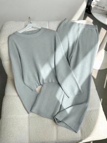 EMERY ROSE New Fashion Autumn/Winter Round Neck Fluffy Loose Casual Slouchy Knitted Wide Leg Pants & Sweater 2 Pieces Set - Light Grey - View 2