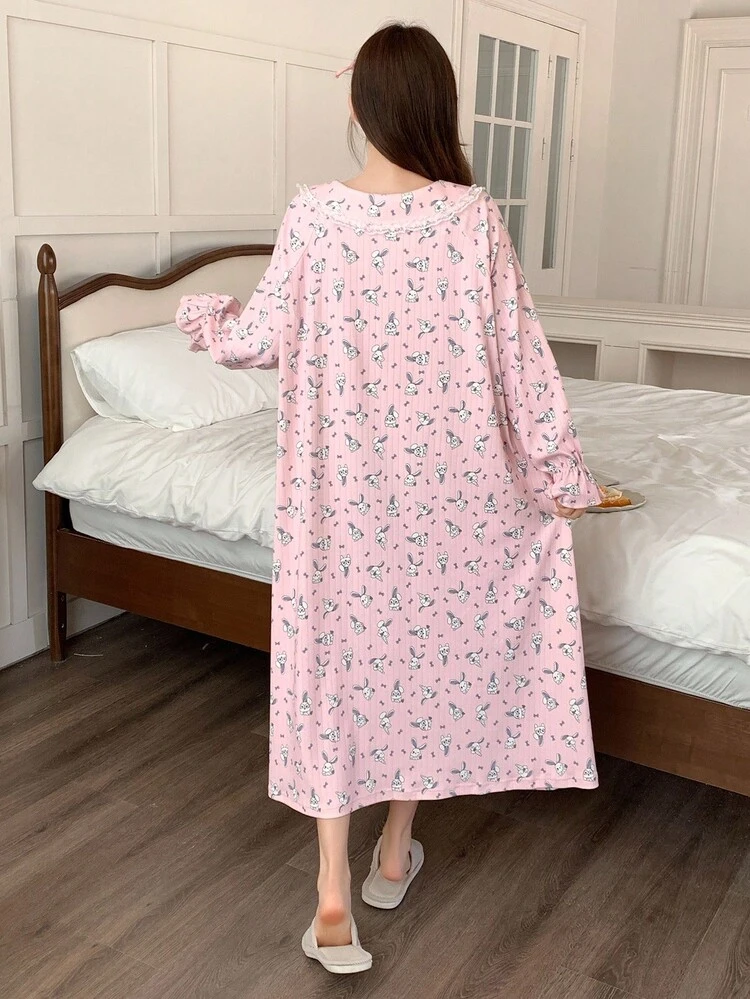 Cute Rabbit Print Peter Pan Collar Ruffle Trim Long Women Nightgown Pajama