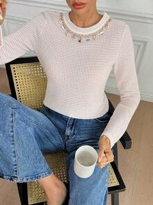 SHEIN Frenchy Áo thun nữ cổ tròn tay dài họa tiết vỏ sò vá - Màu be - Xem 8