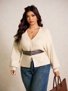 Elaquor Plus Size V-Neck Cinched Waist Cardigan, New Autumn/Winter Design Office Old Money Fall/Winter - Apricot - View 5