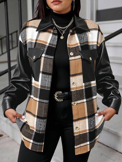 Plus Size Plaid Print Drop Shoulder Flap Pocket Jacket