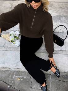 Serisse Suéter de grano con cremallera media, mangas largas, suéter de punto para otoño/invierno - Café integral - Ver 5