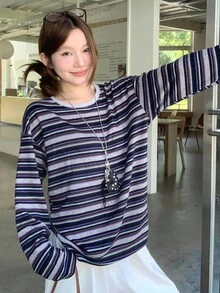 Dazy-Less Autumn New Casual Commuting Striped Women T-Shirt Long Sleeve Top - Blue - View 2