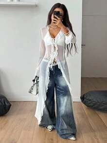 Coolane 女士秋季/四季皆宜的锐舞文艺复兴集市嬉皮音乐节辣妹网纱吊带荷叶边缎带长外套 - 白色 - 查看 3