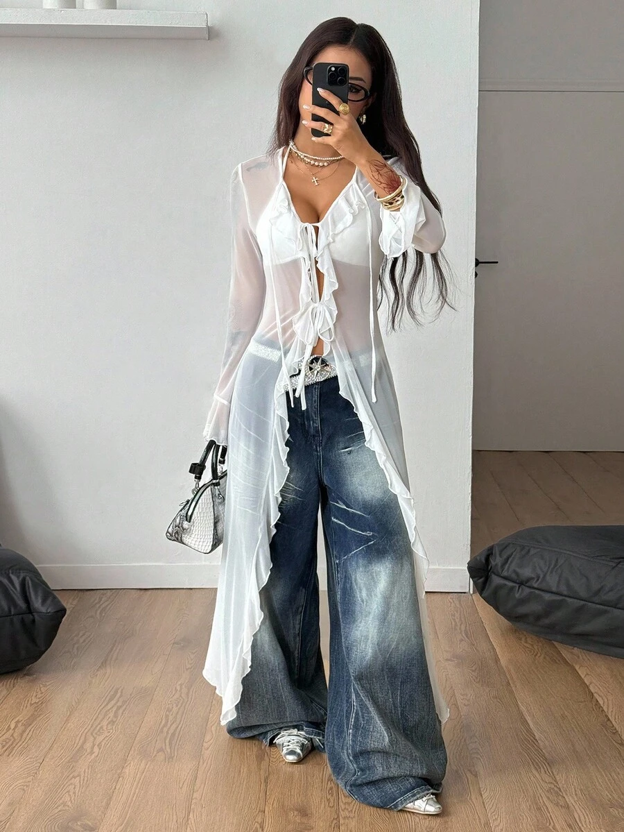 Coolane 女士秋季/四季皆宜的锐舞文艺复兴集市嬉皮音乐节辣妹网纱吊带荷叶边缎带长外套 - 白色 - 查看 1