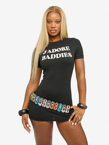 SUMWON WOMEN 棉质女式迷你 T 恤连衣裙 Jadore Baddies 个性印花短袖修身俱乐部之夜派对紧身连衣裙 - 黑色 - 查看 8