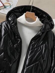 Teen Girl Black Winter Casual Fashionable Hooded Padded Coat,Shiny Pleated Woven Fabric,Unique Cinched Waist Design,Loose & Comfortable,Daily Commute - Black - View 3