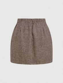 Radiana 大码女装秋冬三件套复古时尚通勤棕色千鸟格羊毛套装：修身西装外套+低腰半裙+围巾（含垫肩）粗花呢两件套棕色西装外套女装棕色两件套女装西装外套半裙套装半裙套装，复古，优雅 - 卡其色 - 查看 9