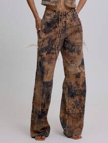 MUSERA 低腰系带阔腿牛仔奶牛纹牛仔裤，仅限夏季节日度假可爱性感牛仔女郎春季伊比沙岛西部乡村音乐会锐舞派对时尚 - 棕色 - 查看 2