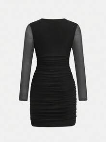 Firerie Kids Firerie Kids Tween Girls Black Solid Color Round Neck Long Sleeve Mesh Mini Snug Fit Ruched Dress, Autumn/Winter Mesh Dress Women Long Sleeve Dress Bodycon Dress Black Dress Long Sleeve Dress - Black - View 2