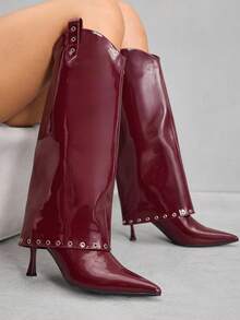CUCCOO SZL Women's Shark Boots, Pointed Toe, Rivet Decor, Stiletto High Heel, Comfortable & Versatile - Burgundy - View 1