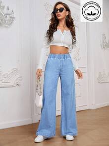 EMERY ROSE Women's All-Match Casual Versatile Elastic Waist Wide Leg Loose Fit Mid-Blue Woven Thin Material Regular Denim Pants - Light Wash - View 5